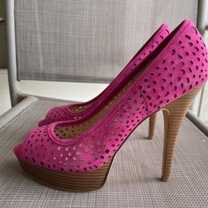 ENZO Pink Suede Sully Laser Cut Out Platform Heels NEW